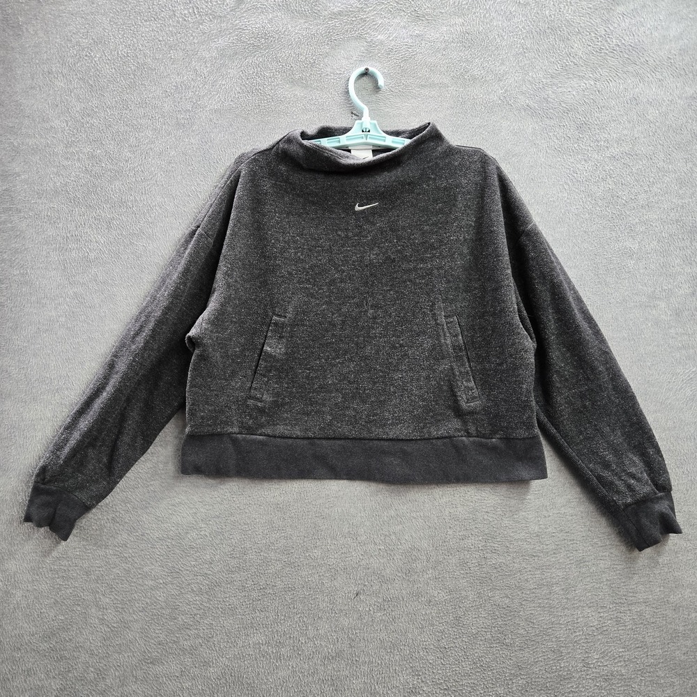 VINTAGE Nike Women Sweatshirt S Gray THERMA-FIT‎ Crop Center Swoosh Logo Y2K